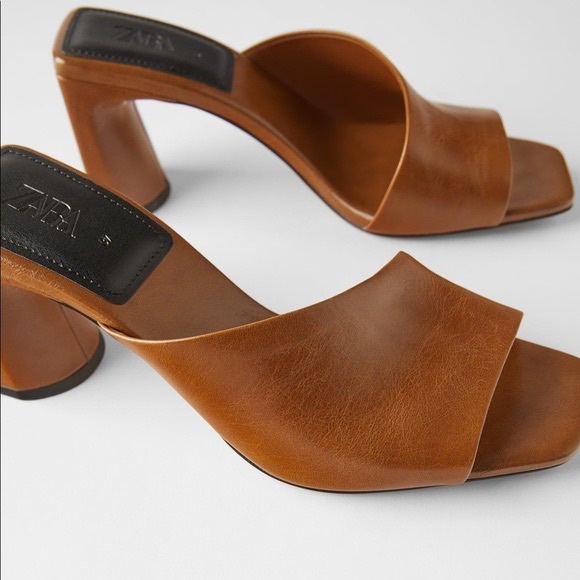 Zara cognac asymmetrical leather block heeled sandals 37 - Picture 2 of 7